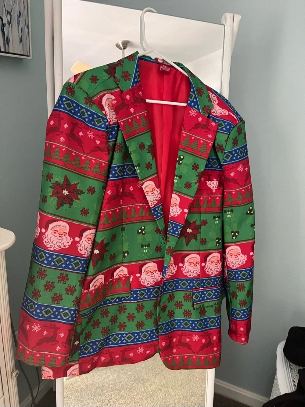 Men’s Holiday Santa Print Jacket, Pants, and Tie Matching Set